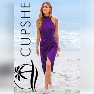 CUPSHE Purple Satin Faux Wrap Ruching Halter Neck Bodycon Slit Midi Dress NWT SM